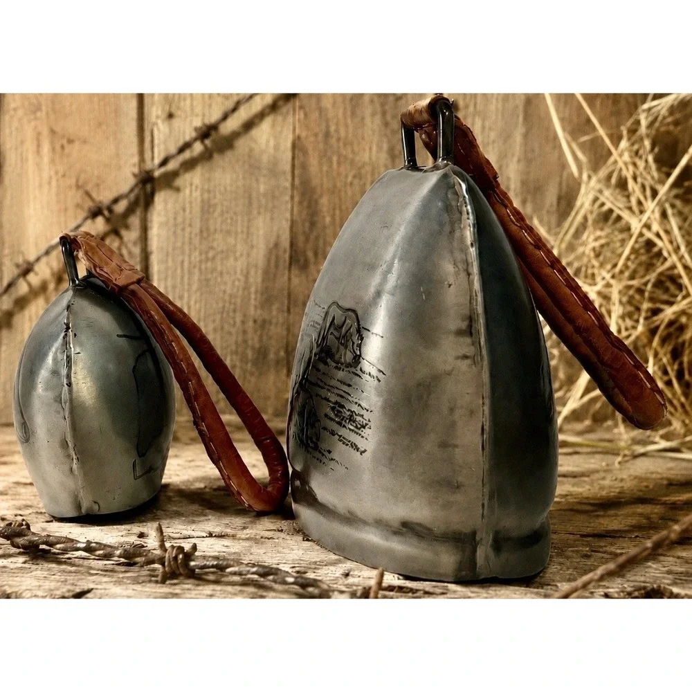 2 Silver Pewter ? Cow Bull Horse Bells Etched Rustic Design w/Leather Straps